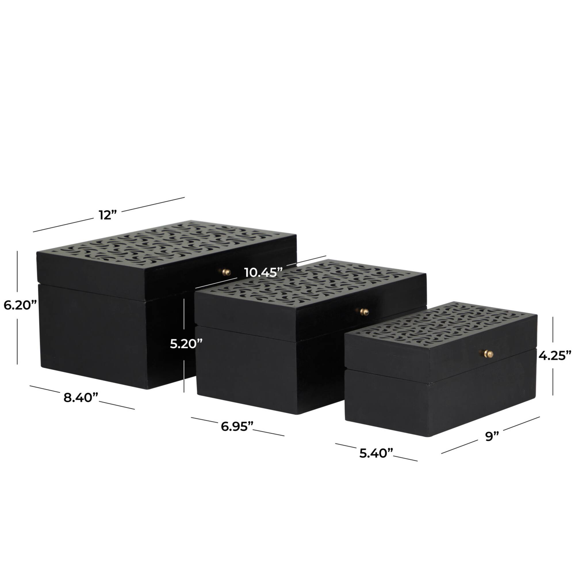 Black Wood Intricate Carved Box with Hinged Lid Set